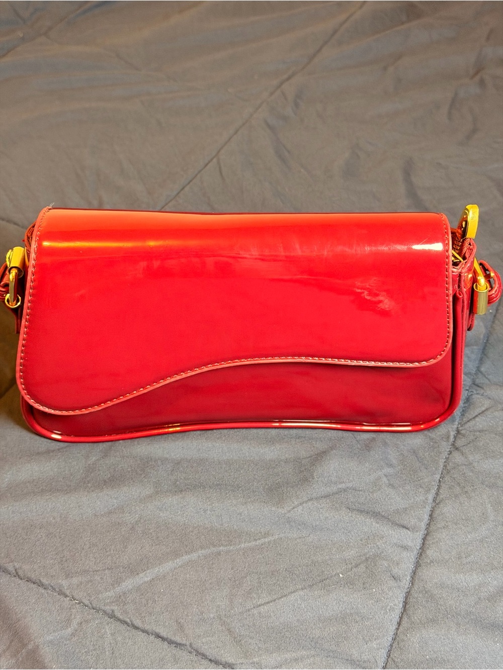 Red Patent Shoulder Bag with Curved Flap